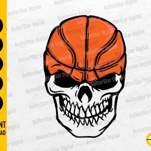 May include: A digital graphic featuring a skull with an orange basketball replacing the top of the skull. The image includes the words "SVG, DXF, PNG, EPS, AI" and "INSTANT DOWNLOAD". The design is in black and orange.