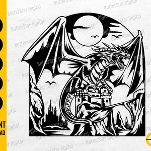 Dragon On A Castle SVG | Medieval SVG | Knight SVG | Chivalry Svg | Cricut Cut Files Silhouette Cameo Clipart Vector Digital Dxf Png Eps Ai