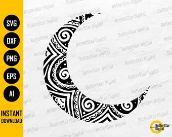 Mandala Moon SVG | Zentangle SVG | Celestial SVG | Intricate Svg | Cricut Cut File Silhouette Cuttable Clipart Vector Digital Dxf Png Eps Ai