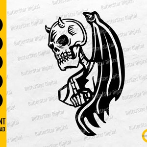 May include: Black and white digital illustration of a horned skull with wings. The image includes the text "SVG, DXF, PNG, EPS, AI" and "INSTANT DOWNLOAD". The design is from ButterStar Digital.