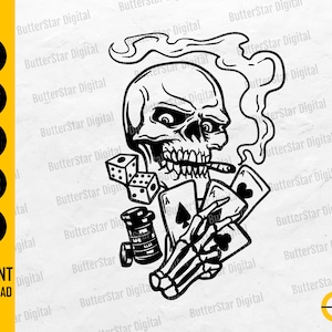 Skull Gambler SVG | Casino SVG | Gambling Decals T-Shirt Tattoo Vinyl | Cricut Cutting File Printable Clipart Vector Digital Dxf Png Eps Ai