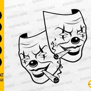 Puede incluir: Ilustración digital en blanco y negro de dos máscaras de payaso, una fumando un cigarro. La imagen incluye el texto "SVG, DXF, PNG, EPS, AI, DESCARGA INSTANTÁNEA".