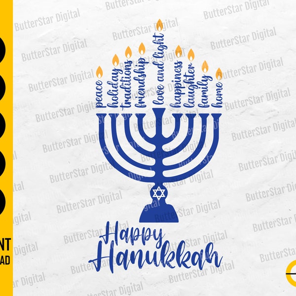 Happy Hanukkah SVG | Menorah SVG | Chanukah Jewish Holiday Celebration | Cricut Silhouette | Printable Clipart Vector Digital Dxf Png Eps Ai
