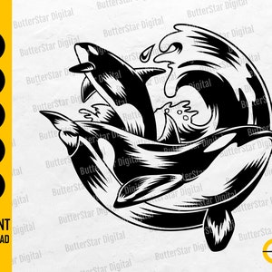 May include: Black and white graphic of two orcas leaping through ocean waves. The design is circular, with the orcas positioned in the center. The image includes text: SVG, DXF, PNG, EPS, AI, and INSTANT DOWNLOAD.