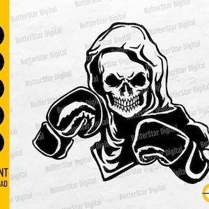 Puede incluir: Gráfico en blanco y negro de una calavera con una capa con capucha y guantes de boxeo. La imagen incluye el texto "SVG, DXF, PNG, EPS, AI" y "DESCARGA INSTANTÁNEA". El logotipo de ButterStar Digital está en la esquina inferior derecha.