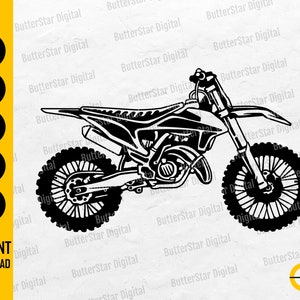 May include: Black and white graphic of a motocross motorcycle. The motorcycle is shown in profile, with detailed features including the wheels, engine, and seat. The image includes the text "SVG, DXF, PNG, EPS, AI" and "INSTANT DOWNLOAD".