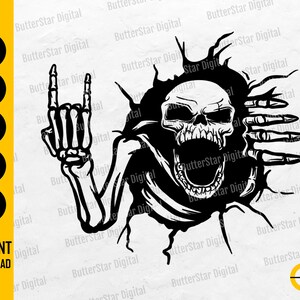 May include: Black and white graphic of a skeleton skull breaking through a wall, with a hand making the rock and roll hand gesture. The image includes the text "INSTANT DOWNLOAD" and file type icons.