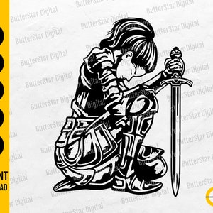Cavaliere femminile in ginocchio SVG / Knighthood T-shirt Decal grafica / Cricut tagliare file Silhouette stampabile Clipart vettoriale digitale Dxf Png Eps Ai
