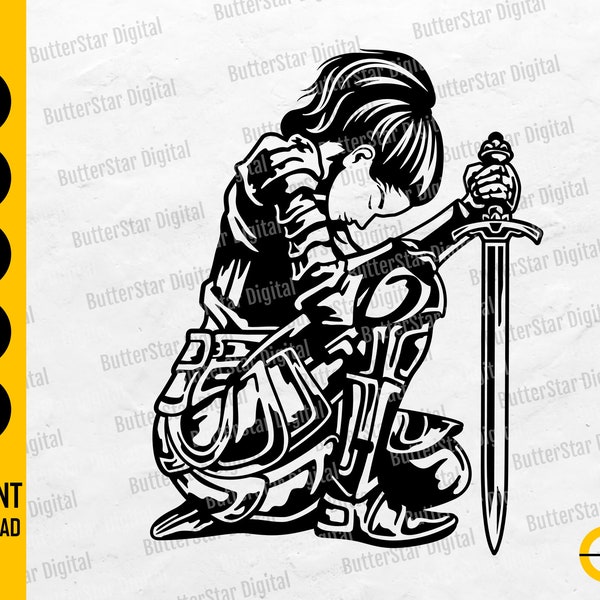 Kneeling Female Knight SVG | Knighthood T-Shirt Decal Graphics | Cricut Cut Files Silhouette Printable Clipart Vector Digital Dxf Png Eps Ai