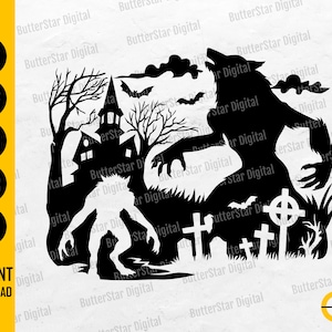 Puede incluir: Diseño de silueta negra que presenta un hombre lobo aullando a la luna, con una casa embrujada, murciélagos y lápidas. La imagen incluye las palabras "SVG, DXF, PNG, EPS, AI" y "DESCARGA INSTANTÁNEA".