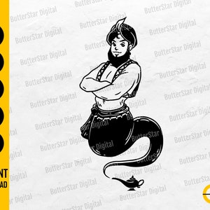 May include: Black and white digital illustration of a genie with crossed arms, wearing a turban and traditional clothing. A magic lamp is at the bottom. Text on the left side includes "SVG", "DXF", "PNG", "EPS", and "AI". The words "INSTANT DOWNLOAD" are also present.
