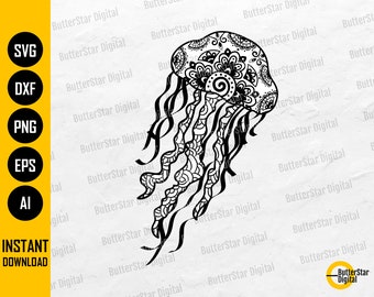 クラゲ ゼンタングル SVG | マンダラ SVG | ビーチ SVG | 海洋生物 SVG | クリカット カッティング ファイル シルエット | クリップアート ベクター デジタル DXF PNG EPS Ai