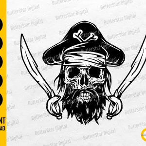 May include: Black and white pirate skull illustration with a beard, wearing a hat with a crossbones, and holding two swords. The image includes the text "SVG, DXF, PNG, EPS, AI" and "INSTANT DOWNLOAD".
