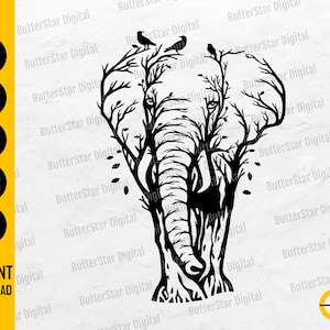 May include: Black and white digital art of an elephant with a tree-like design. The elephant's body is formed by tree trunks and branches, with birds perched on the branches. The image includes the text "INSTANT DOWNLOAD" and file type icons.