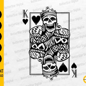 Skeleton King Of Hearts SVG | Gothic Playing Cards Decal Shirt Tattoo | Cricut Cutting File Printable Clipart Vector Digital Dxf Png Eps Ai