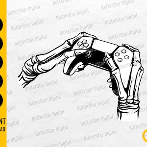 May include: A black and white graphic of skeletal hands holding a video game controller. The image includes the text "SVG, DXF, PNG, EPS, AI" and "INSTANT DOWNLOAD". The logo for ButterStar Digital is in the bottom right corner.