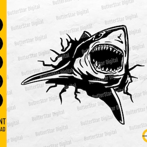 May include: Black and white graphic of a shark with an open mouth, baring teeth. The shark appears to be breaking through a surface. The image includes the text "SVG, DXF, PNG, EPS, AI" and "INSTANT DOWNLOAD".