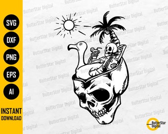 Tropical Skull SVG | Beach Skeleton SVG | Summer Chill Relax Flamingo Cocktail | Cutting File Cuttable Clipart Vector Digital Dxf Png Eps Ai