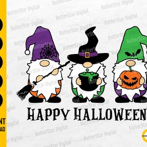 May include: A digital graphic featuring three Halloween gnomes with witch hats, holding a broom, cauldron, and jack-o'-lantern. The text "HAPPY HALLOWEEN" is below the gnomes. Includes file type icons: SVG, DXF, PNG, EPS, and AI.