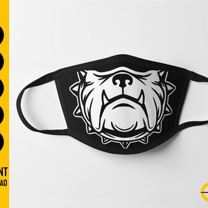 Puede incluir: Mascarilla negra con un diseño de bulldog blanco. La mascarilla tiene una forma contorneada con presillas para las orejas. La imagen también incluye el texto "SVG, EPS, PNG, PDF, AI" y "INSTANT DOWNLOAD".