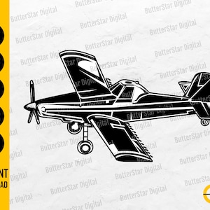 May include: Black and white vector graphic of a crop duster airplane. The image includes the text "SVG, DXF, PNG, EPS, AI" and "INSTANT DOWNLOAD". The design is a digital download.