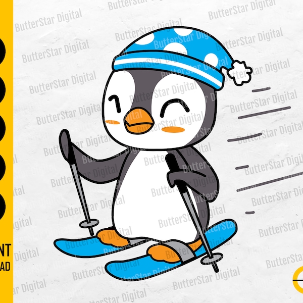 Penguin Skiing SVG | Cute Winter SVG | Animal T-Shirt Gift Decal Sticker Decor | Cricut Silhouette Printable Clipart Digital Dxf Png Eps Ai