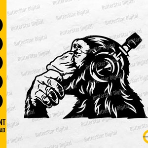 May include: Black and white graphic of a gorilla wearing headphones. The gorilla is touching its face with its hand. The image includes the text "SVG, DXF, PNG, EPS, AI" and "INSTANT DOWNLOAD".