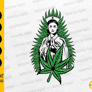 Peut inclure: Illustration en noir et blanc d'une infirmière entourée de feuilles de cannabis vertes. L'image comprend le texte "SVG, DXF, PNG, EPS, AI" et "TÉLÉCHARGEMENT INSTANTANÉ". L'infirmière porte un uniforme blanc et une coiffe d'infirmière.