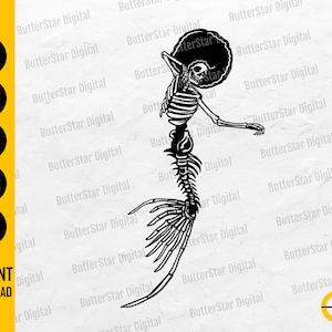 Afro Mermaid Skeleton SVG | Gothic SVG | Sea Monster SVG | Cricut Cutting Files Silhouette Printables Clipart Vector Digital Dxf Png Eps Ai