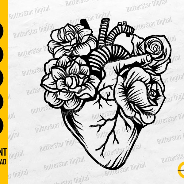 Floral Anatomical Heart SVG | Cardiology SVG | Love Tattoo Decals T-Shirt Design | Cricut Silhouette Clip Art Vector Digital Dxf Png Eps Ai