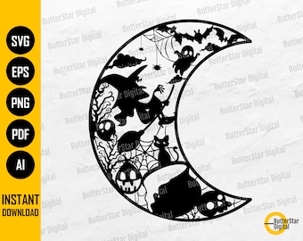 Witch Moon SVG | Halloween Decor | Home Wall Decorations | Horror Decal | Cricut Cut File Silhouette Printable Clipart Vector Png Eps Pdf Ai