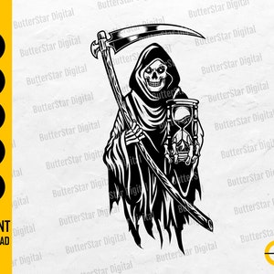 May include: Black and white illustration of the Grim Reaper holding a scythe and an hourglass. The Grim Reaper is wearing a hooded cloak. The image includes the text "SVG, DXF, PNG, EPS, AI" and "INSTANT DOWNLOAD".