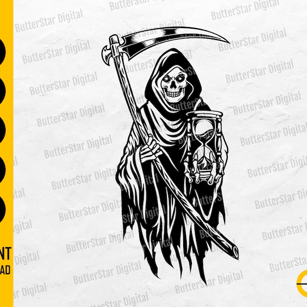 Grim Reaper With Hourglass SVG | Death SVG | Hell Grave Scythe Soul Ghost Dead Die Afterlife | Cutfile Clipart Vector Digital Dxf Png Eps Ai