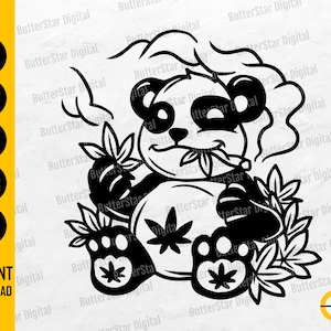 May include: Black and white illustration of a panda smoking a cannabis leaf. The panda is surrounded by cannabis leaves and has a cannabis leaf on its belly. The image includes the text "INSTANT DOWNLOAD" and file type options.