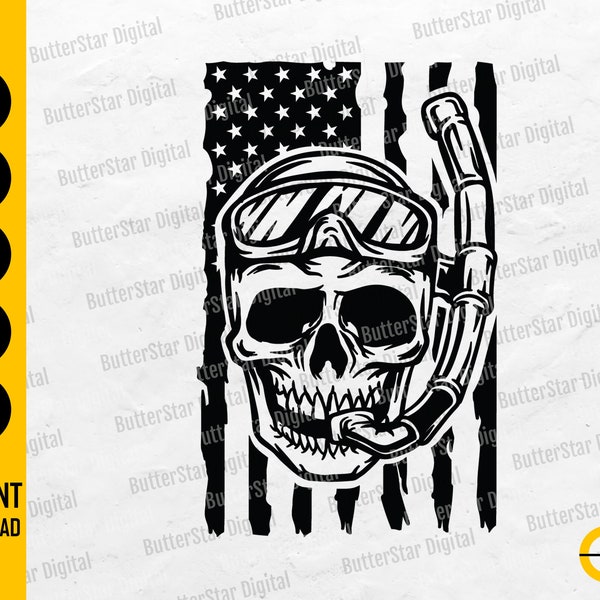 US Snorkel Skull SVG | American Diver SVG | Snorkeling T-Shirt Decal Graphics | Cutting File Printable Clipart Vector Digital Dxf Png Eps Ai