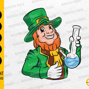 May include: A cartoon leprechaun with a red beard and green hat and jacket, holding a glass bong with blue liquid. The image includes the text "SVG, DXF, PNG, EPS, AI, INSTANT DOWNLOAD".