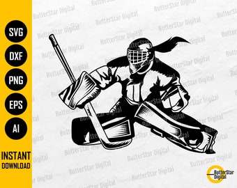 Goalie Girl SVG | IJshockeyspeler Illustratie Tekening Vinyl Stencil Graphics | Cricut Snijden Bestand Clip Art Vector Digitale Dxf Png Eps Ai