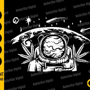 May include: Black and white digital art featuring an astronaut with a cannabis leaf on each side. The astronaut's helmet has a brain-like design, with a planet and stars in the background. The words "INSTANT DOWNLOAD" are visible.