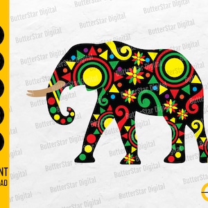 May include: A black elephant silhouette with colorful geometric patterns in red, yellow, green, and blue. The image includes text for SVG, DXF, PNG, EPS, and AI file formats, along with "INSTANT DOWNLOAD".