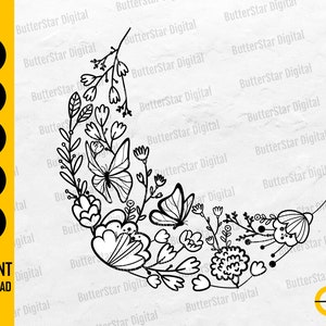 Cute Floral Moon SVG | Crescent Moon Made Of Flowers And Leaves | Cricut Silhouette Cut File Printable Clipart Vector Digital Dxf Png Eps Ai