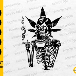 May include: Black and white digital graphic of a skeleton with a cannabis leaf crown, holding a smoking cigarette and a bowl. The image includes the text "INSTANT DOWNLOAD" and file type options: SVG, DXF, PNG, EPS, and AI.