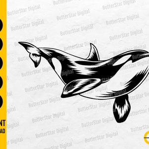 May include: Black and white illustration of an orca whale. The image includes the text "SVG, DXF, PNG, EPS, AI" and "INSTANT DOWNLOAD". The orca is depicted with detailed lines, showcasing its distinctive markings.