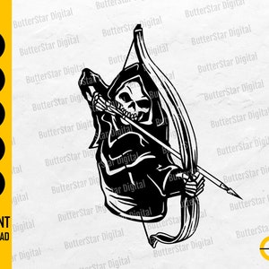 May include: Black and white digital graphic of the Grim Reaper aiming a bow and arrow. The Reaper is wearing a hooded cloak and has a skull face. The image includes the text "SVG, DXF, PNG, EPS, AI, INSTANT DOWNLOAD".