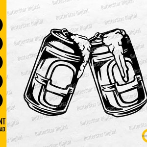 May include: Black and white vector graphic of two beer cans clinking together. The cans have a blank label area and are stylized with a simple, bold outline. The image includes the text "SVG, DXF, PNG, EPS, AI" and "INSTANT DOWNLOAD".