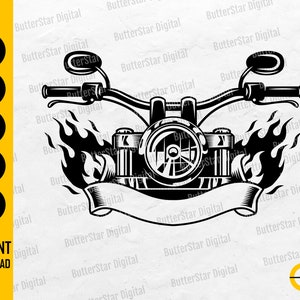May include: Black and white motorcycle graphic with flames and a banner. The image includes the text "SVG, DXF, PNG, EPS, AI" and "INSTANT DOWNLOAD".