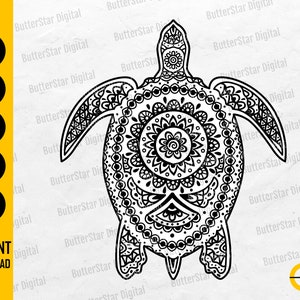 May include: Black and white digital illustration of a turtle with intricate mandala-style patterns. The image includes the text "SVG, DXF, PNG, EPS, AI" and "INSTANT DOWNLOAD". The design is suitable for various creative projects.