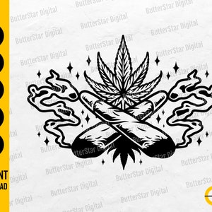 Puede incluir: Gráfico en blanco y negro con cigarrillos cruzados, una hoja de cannabis y humo. El diseño incluye el texto "SVG, DXF, PNG, EPS, AI" y "INSTANT DOWNLOAD".