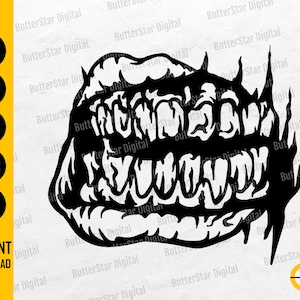 Puede incluir: Gráfico digital en blanco y negro de una boca estilizada y amenazante con dientes afilados. La imagen incluye el texto "SVG, DXF, PNG, EPS, AI" y "DESCARGA INSTANTÁNEA". El diseño es de ButterStar Digital.