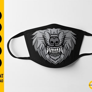 Peut inclure: Masque facial noir avec un motif de visage de loup stylisé en gris et blanc. Le masque présente une illustration détaillée du museau, des dents et de la fourrure d'un loup. Le texte "INSTANT DOWNLOAD" est visible.