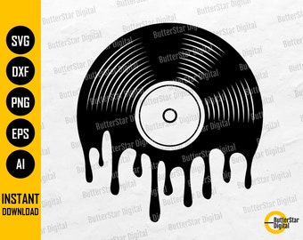 May include: Black and white graphic of a vinyl record with a melting effect. The design includes the text "SVG, DXF, PNG, EPS, AI" and "INSTANT DOWNLOAD". The design is by ButterStar Digital.